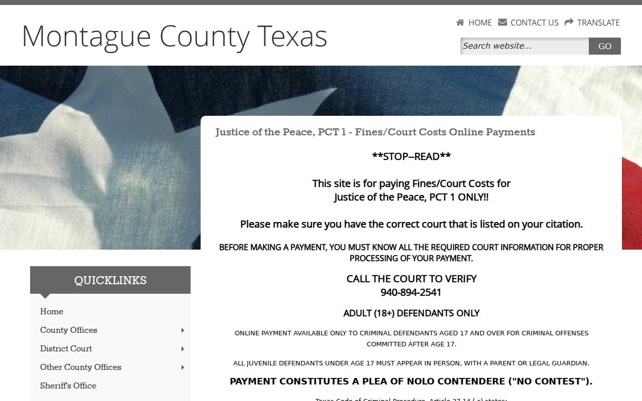 Montague County bench warrant JP1 payment page