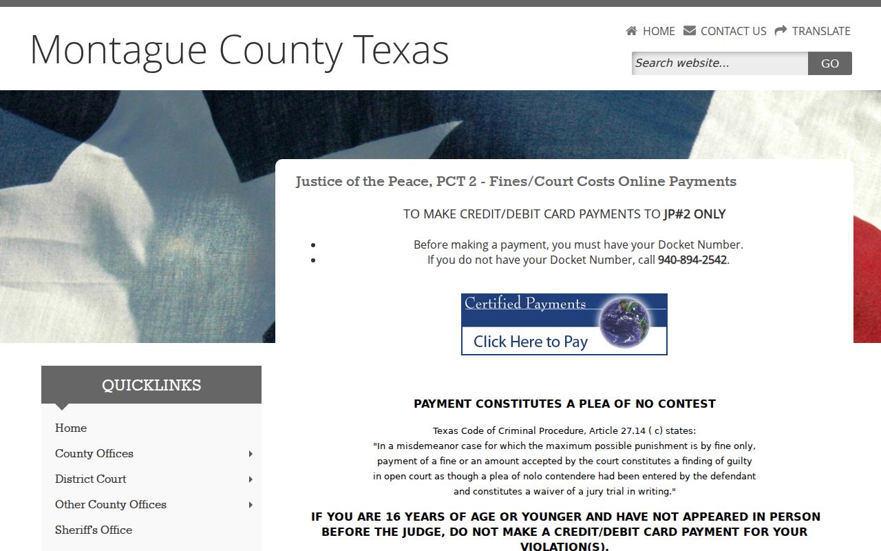 Montague County bench warrant JP2 docket and payment reference